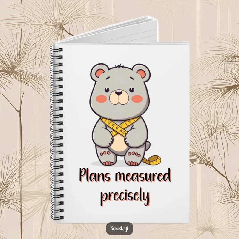 Funny determined bear measuring fabric with a tape measure. Ideal funny notebook.