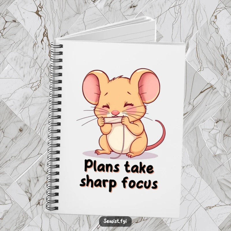 Funny determined mouse threading a needle with intense concentration. Ideal funny notebook.