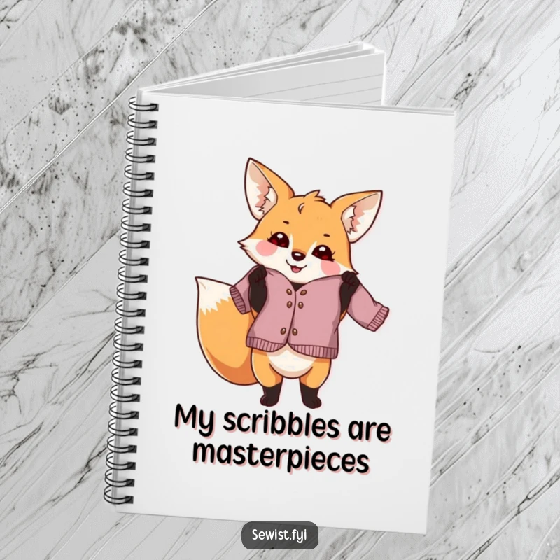Funny fox dressmaker notebook, a playful creature proudly holding a slightly crooked finished garment, perfect for documenting sewing projects humorously.