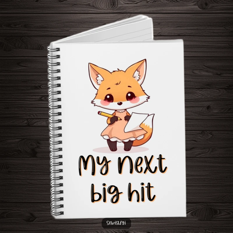 Funny fox notebook with a playful fox sketching a dress design with a pencil, ideal for note-taking.
