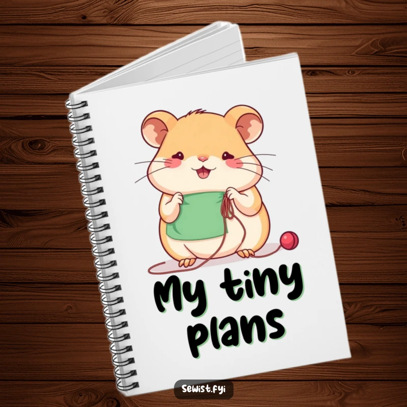 Funny beaming hamster sews with concentration using needle and thread, a humorous notebook for jotting down creative ideas.