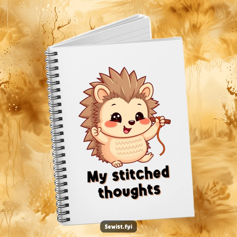 Funny Hedgehog Notebook: A smiling hedgehog character proudly holding up a completed stitch, ready to record sewing triumphs.