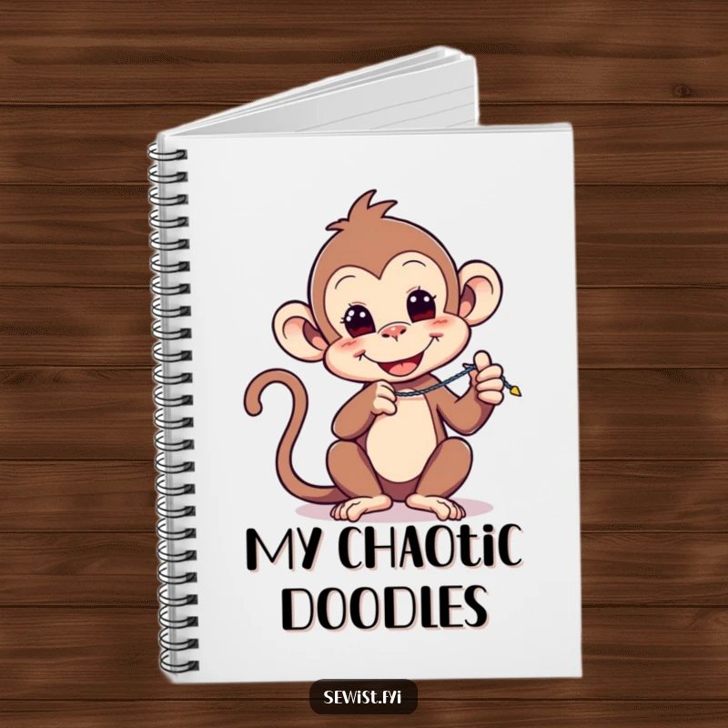 Funny notebook: A playful monkey demonstrates a zigzag stitch, ready to record detailed sewing instructions and design ideas.