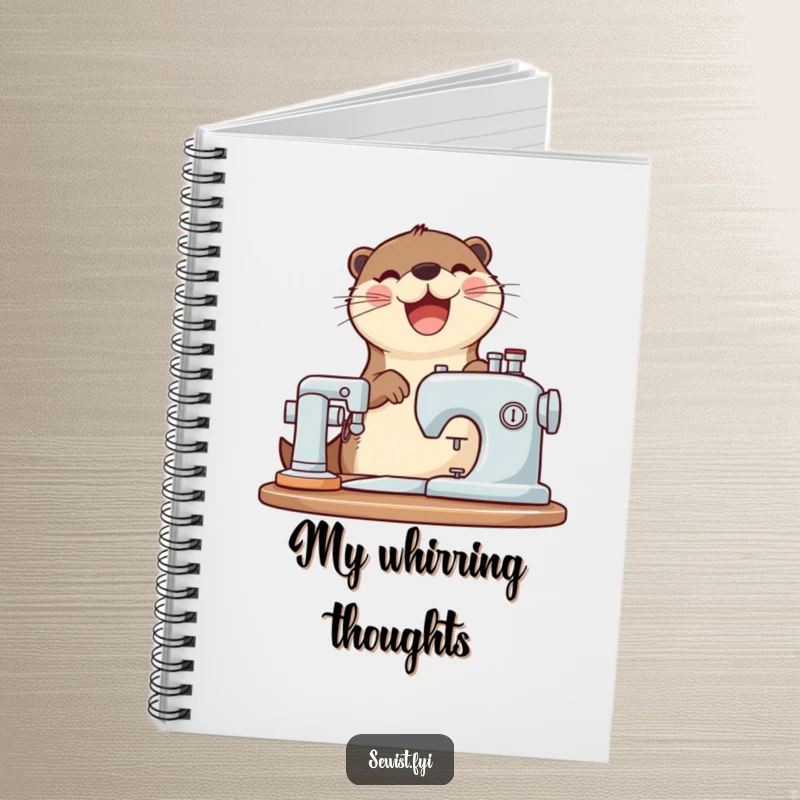 Funny otter notebook with a joyful otter operating a sewing machine, ideal for writing notes.