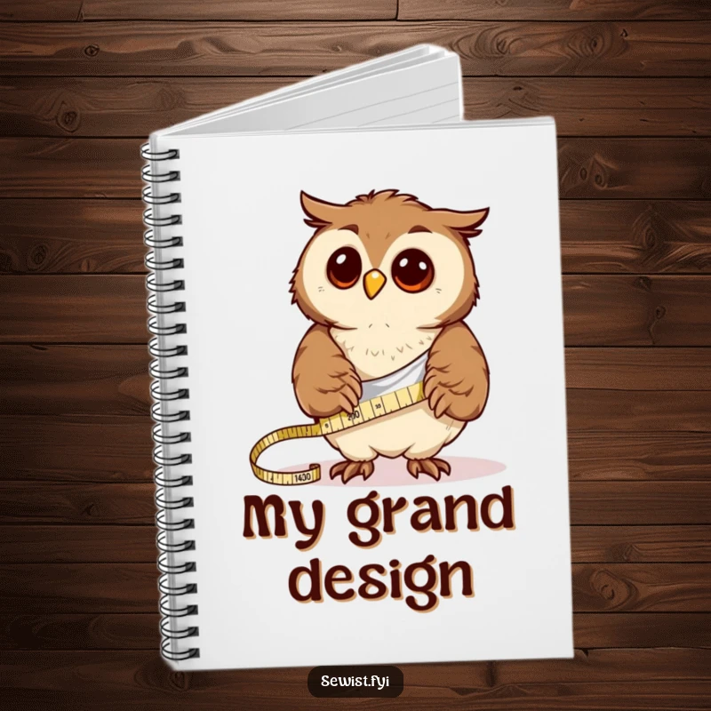 Funny curious owl measures fabric with a tape measure, a humorous notebook for jotting down creative ideas.