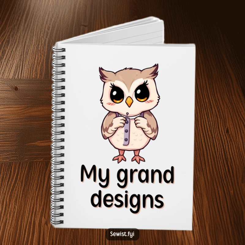 Funny notebook: A contented owl holds a needle, ready to document precise measurements and design concepts for a dress form.