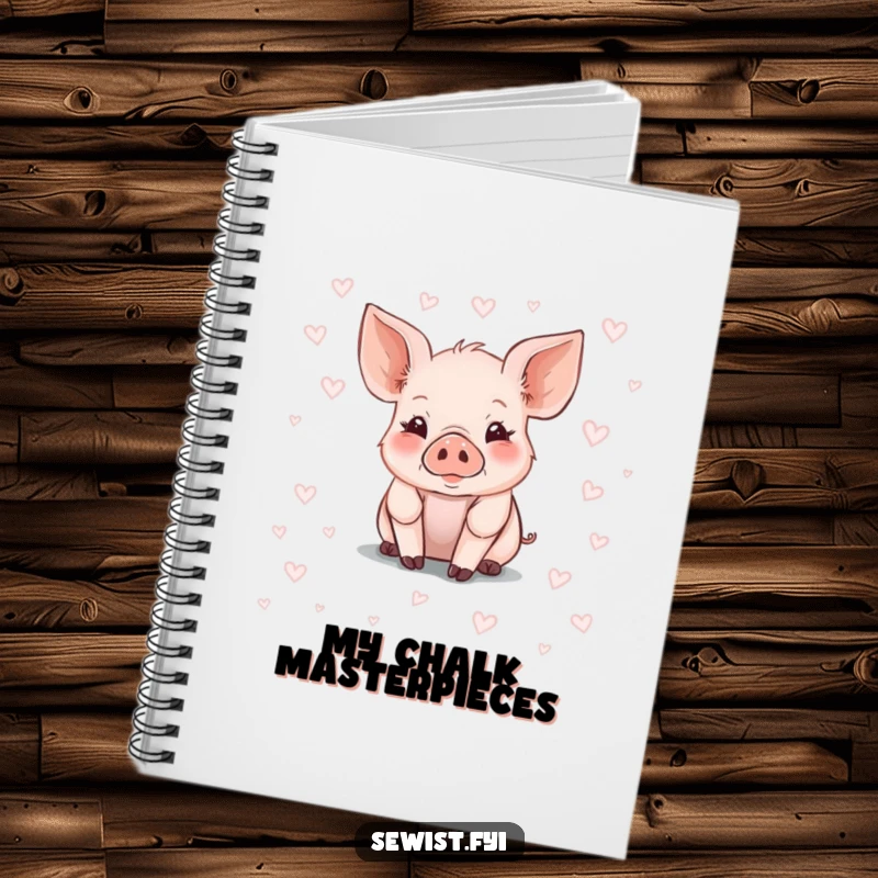 Funny Piglet Notebook featuring a cute piglet drawing fabric patterns with chalk, perfect for journaling artistic and humorous thoughts.