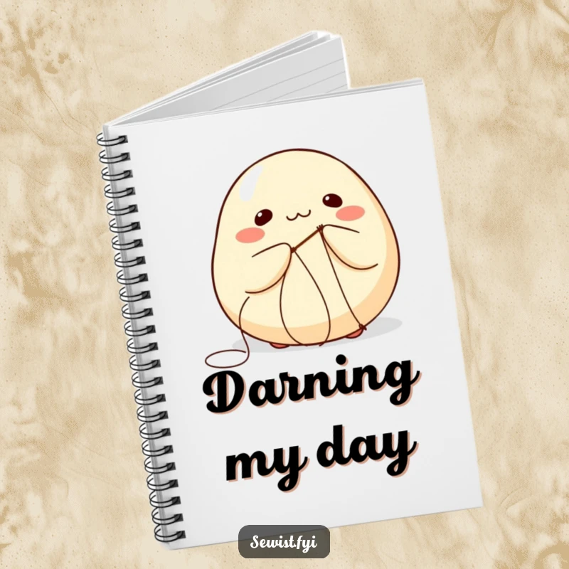 Funny notebook cover with a round dumpling comically attempting to stitch itself with needle and thread.