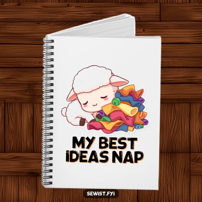 Funny sleepy sheep notebook, a tired creature dozing near colorful fabric scraps, perfect for documenting sewing projects humorously.