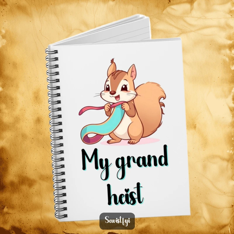 Funny mischievous squirrel unfurls a ribbon with a flourish, a humorous notebook for jotting down fun ideas.