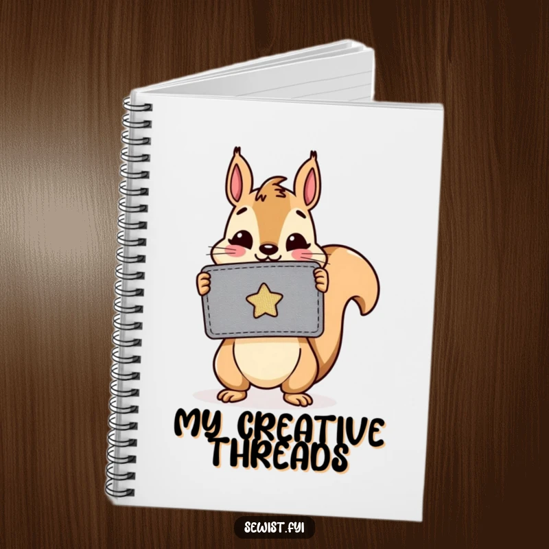 Funny notebook: A cheerful squirrel holds a sewn patch, ready to capture sewing patterns and creative project notes.