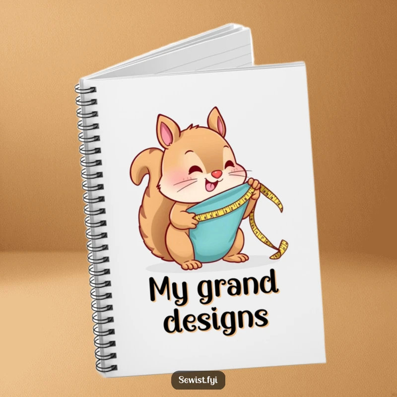 Funny Notebook: A smiling squirrel uses a small tape measure to size up fabric, perfect for note-taking.