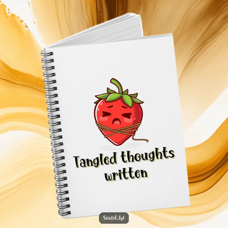 Funny notebook cover with a startled strawberry hilariously tangled in a spool of thread.