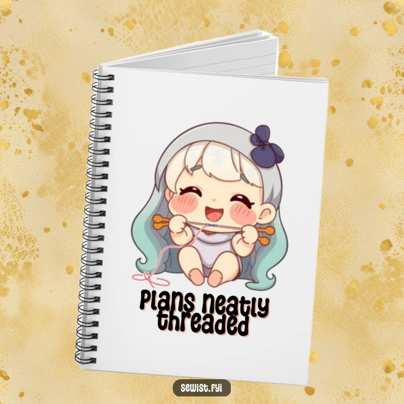 Funny threading needle notebook, happy smiling character joyfully threading a needle, symbolizing focus.