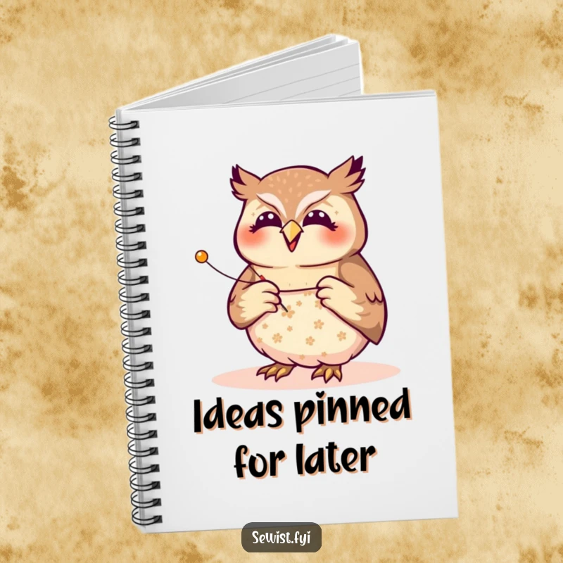 Funny owl seamstress notebook, a joyful creature pinning a fabric pattern with focused precision, perfect for planning sewing projects humorously.