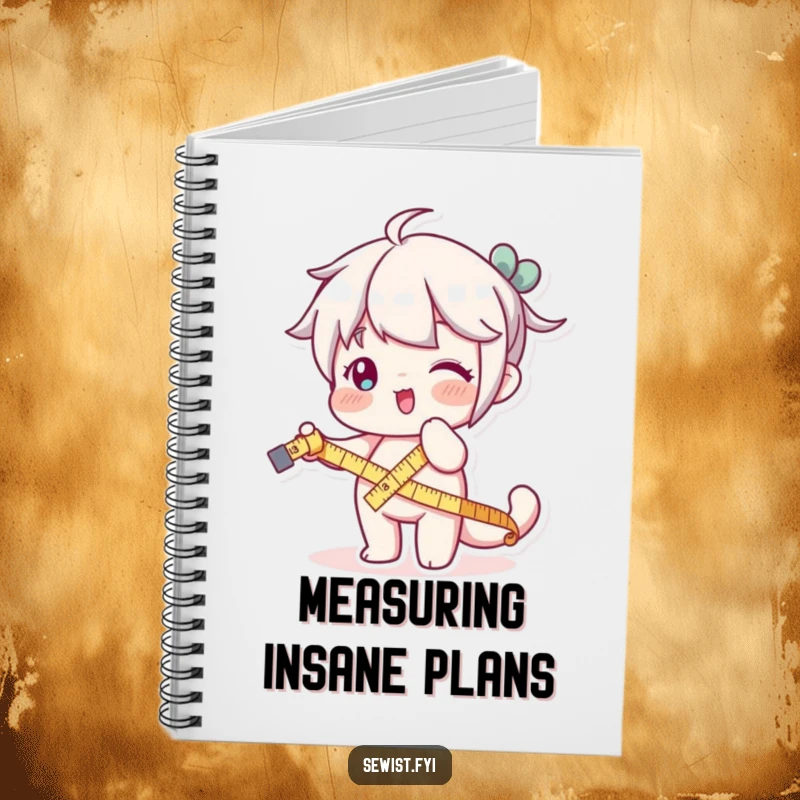 Funny notebook cover with a character playfully stretching a measuring tape, ideal for capturing precise notes.