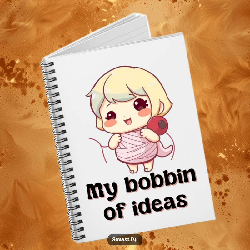 Funny notebook cover featuring a cheerful character busy winding a thread bobbin, ready for creative notes.