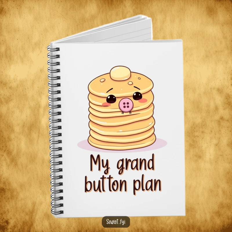 Funny pancake notebook showing a wobbly stack trying to sew a giant button onto itself, ideal for writing and drawing.