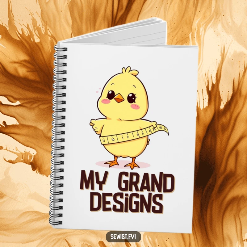 Funny chick humorously using a tape measure on fabric, a notebook designed for creative minds and lovers of sewing humor.