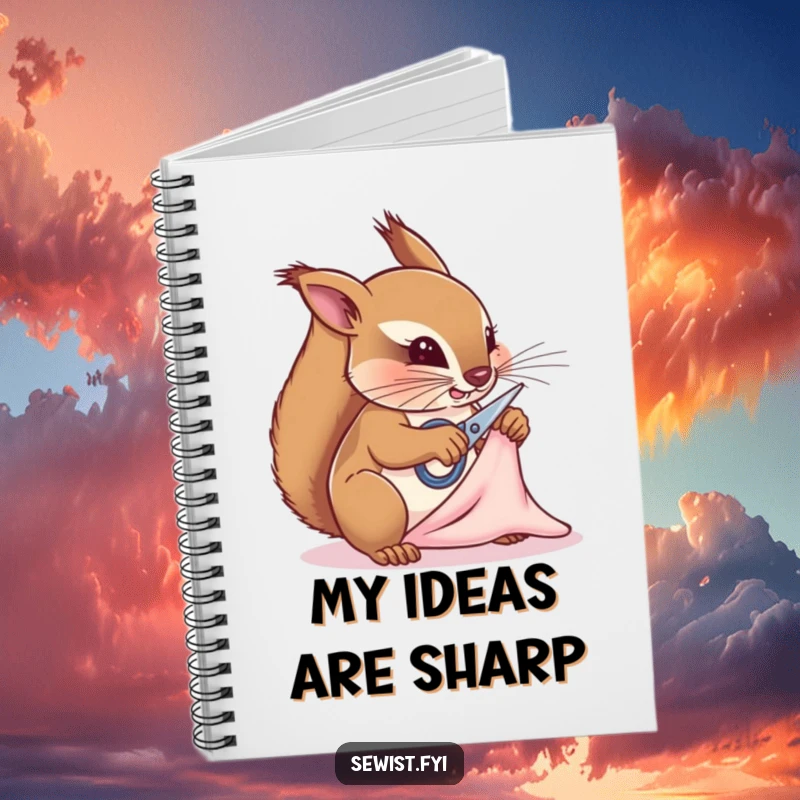 Funny squirrel tailor notebook, a determined critter snipping fabric, perfect for capturing sewing ideas and project plans with a humorous touch.