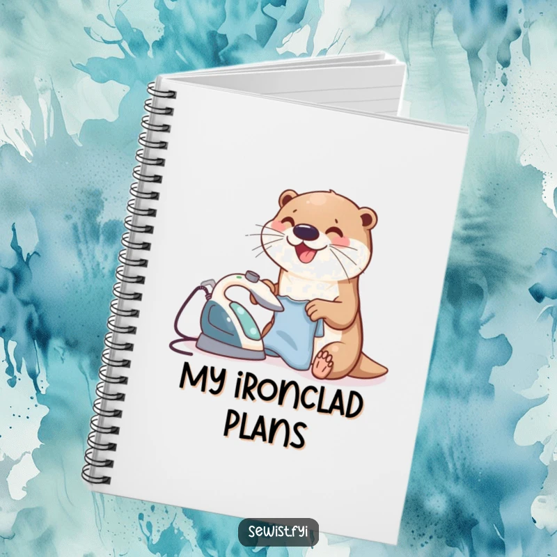Funny Otter Notebook featuring a joyful otter ironing a small garment with a tiny iron, perfect for journaling neat and humorous plans.