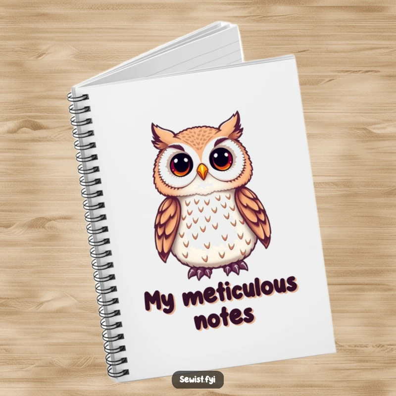 Funny Owl Notebook with a cute owl admiring a delicate embroidered detail, perfect for jotting down embroidery plans.