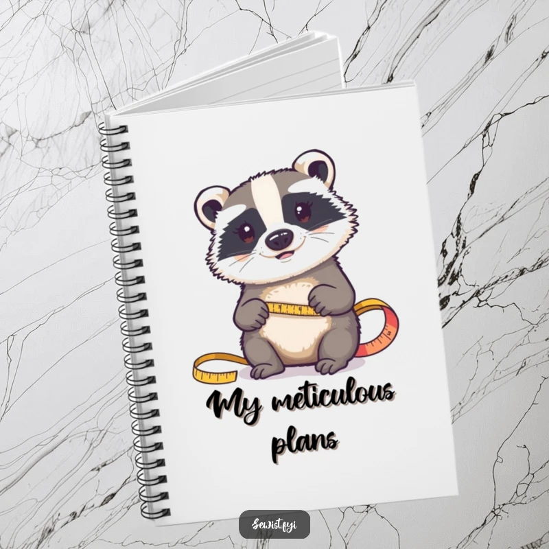 Funny notebook: A determined badger holds a tape measure, ready to record exact fabric dimensions and project specifications.