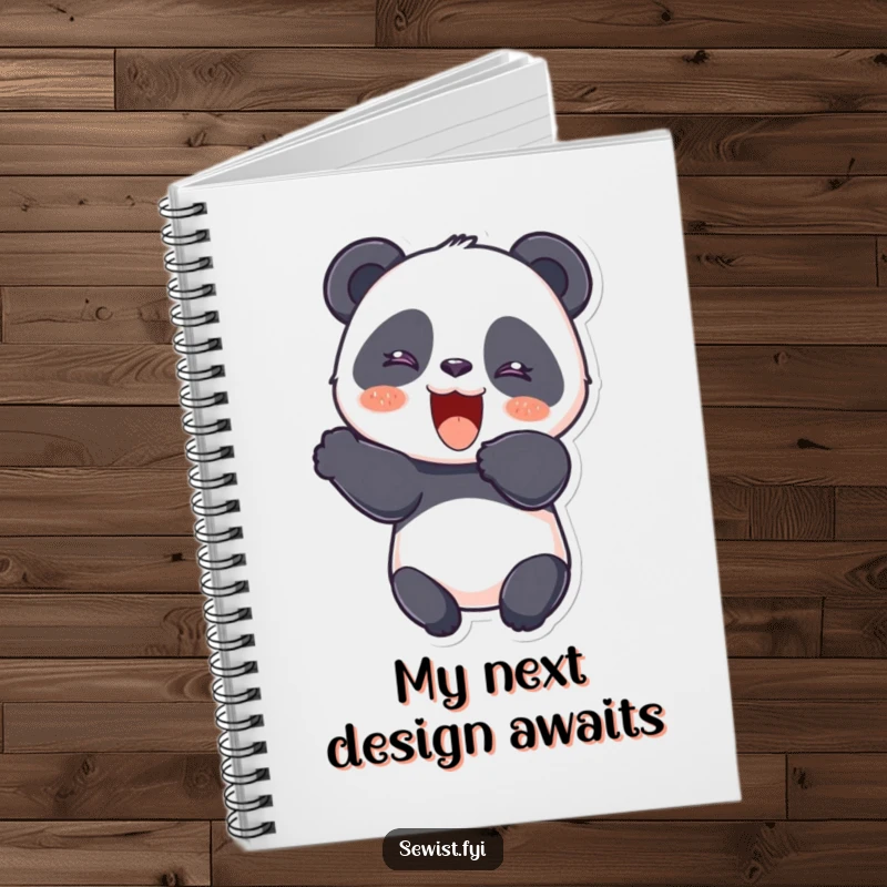Funny Panda Notebook with a giggling panda cutting fabric with a flourish, perfect for jotting down sewing plans.