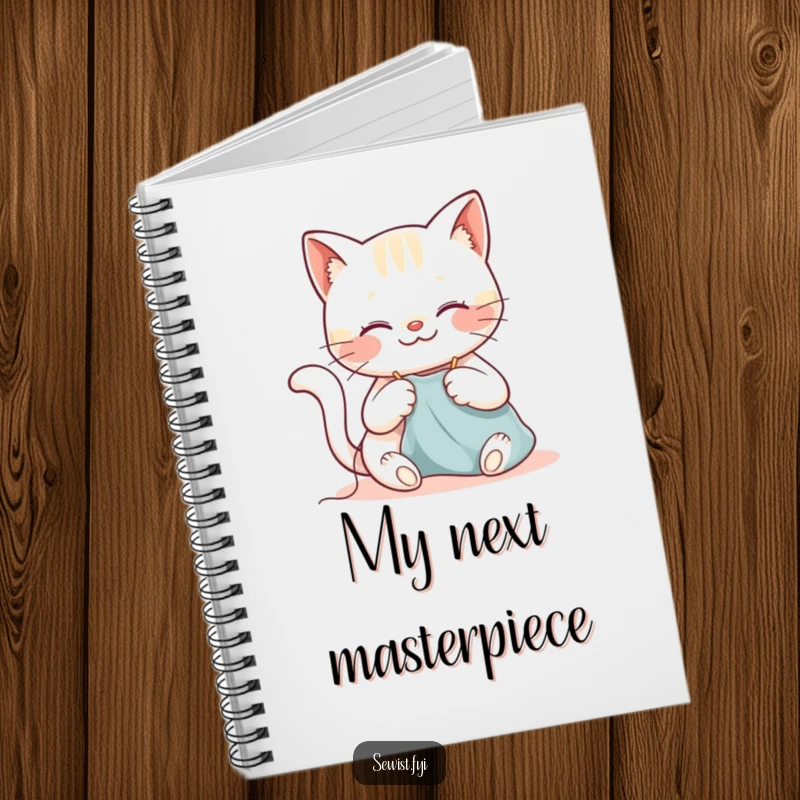 Funny cat notebook with a happy cat sewing with a needle and thread, perfect for jotting down ideas.