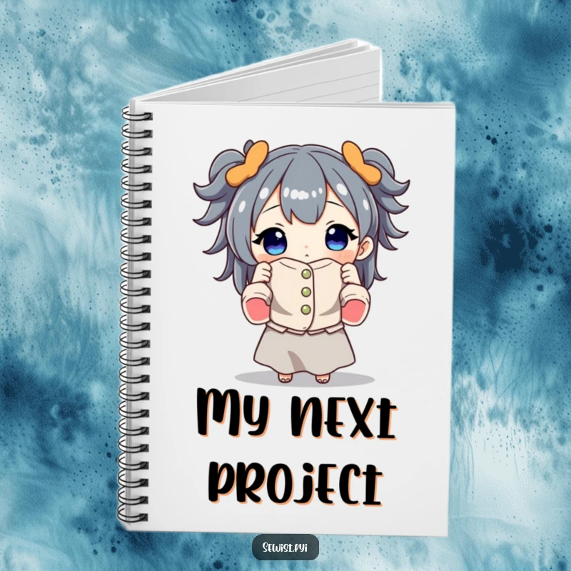 Funny notebook with a character proudly holding a beautiful sewn garment, ideal for jotting down sewing patterns, ideas, and project notes.