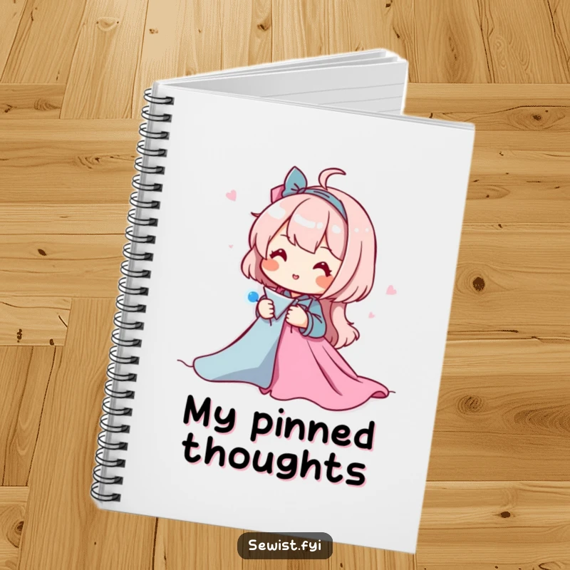 Funny notebook with a character happily pinning fabric pieces together, ideal for planning sewing projects, sketching patterns, and taking notes.