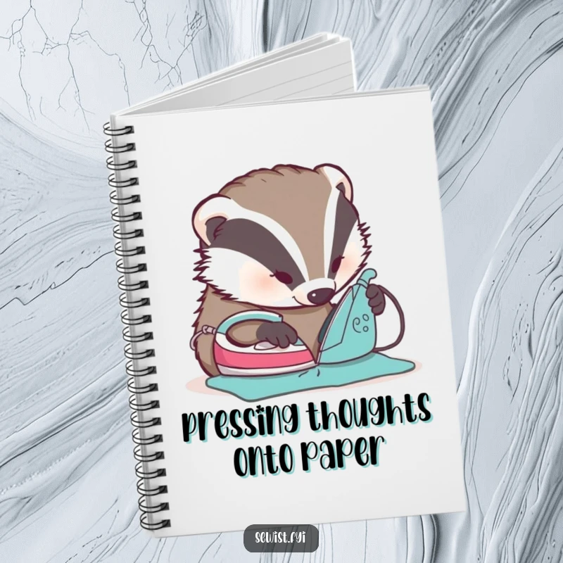 Funny Badger Ironing Notebook - Features a funny badger intently ironing a seam, inspiring focused note-taking and creative ideas.
