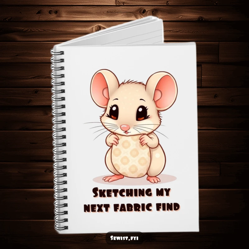 Funny Mouse Notebook: Curious mouse with wide eyes examining patterned fabric, perfect for journaling and detailed notes.
