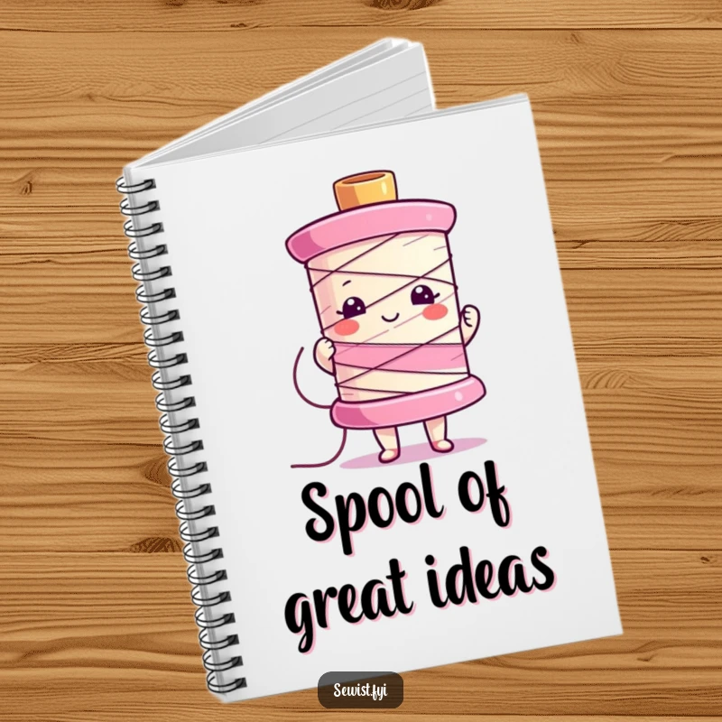 Funny notebook cover with a character proudly showing off a colorful sewing spool, perfect for creative notes.