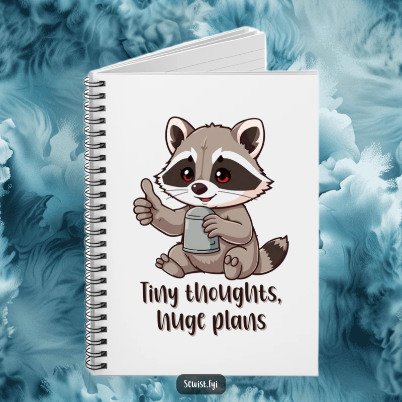 Funny notebook with a mischievous raccoon giving a thumbs-up, holding a thimble, perfect for jotting down humorous thoughts and plans.