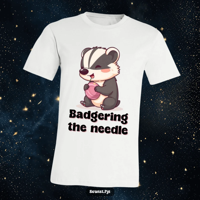Funny Badger T-Shirt featuring a cheeky badger spinning a bobbin with a happy rhythm, celebrating sewing with a playful spirit.
