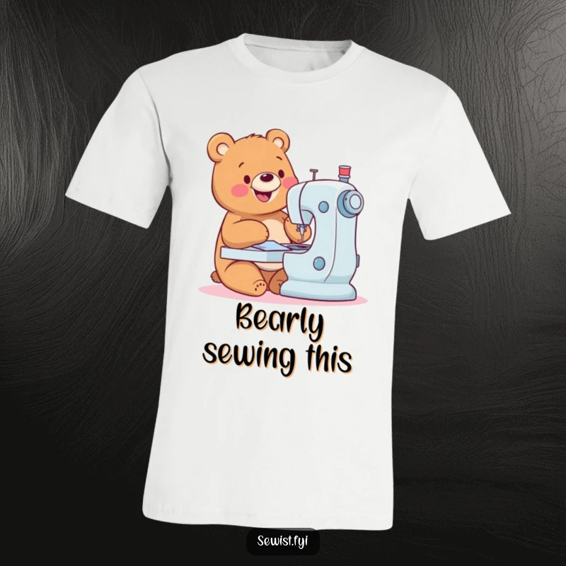 Funny Bear T-Shirt: A happy bear expertly sewing with a machine, showcasing crafting joy and skill, great gift.