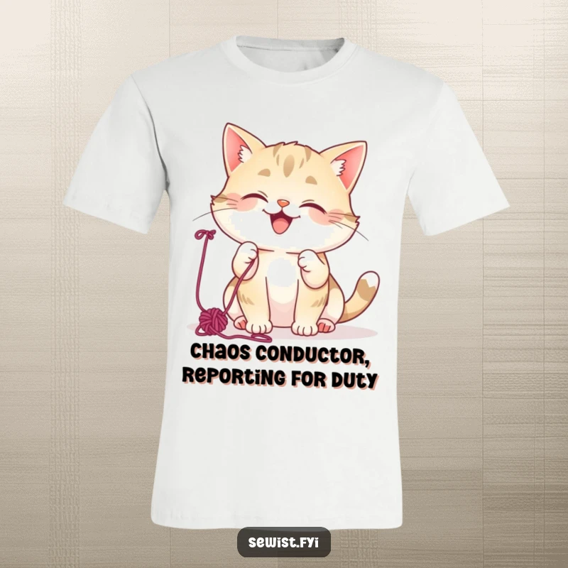 Funny Cat T-Shirt: Mischievous cat giggling while batting colorful yarn, perfect for expressive, fun-loving individuals.