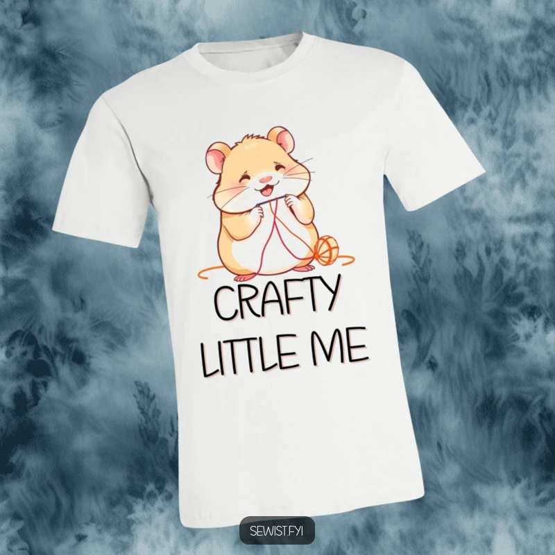Funny T-Shirt: A small hamster smiles while carefully threading a needle with colorful yarn, a humorous craft theme.