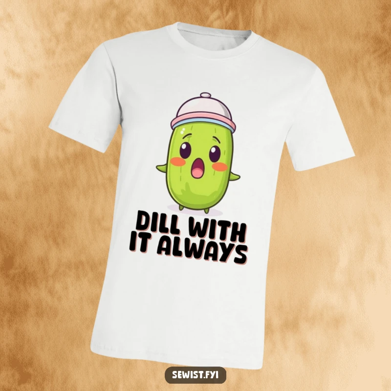 Funny pickle t-shirt featuring a surprised pickle wearing a thimble as a hat, perfect for lovers of odd humor.