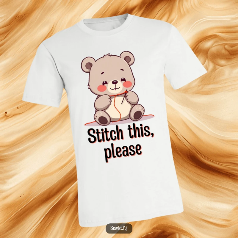 Funny t-shirt of a cheerful bear concentrating on threading a needle with vibrant red thread, celebrating sewing.