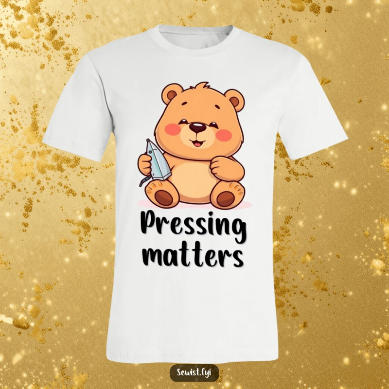 Funny T-Shirt: A jovial bear concentrates while ironing seams, depicting focus and a tidy appearance.