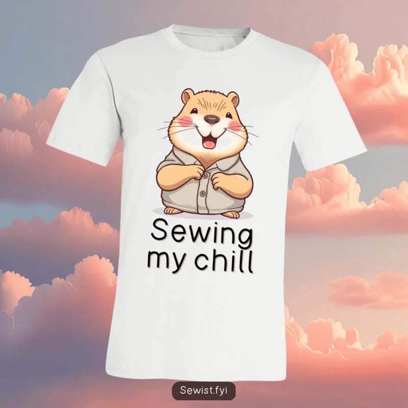 Funny Capybara T-Shirt: A joyful capybara carefully sewing a button onto a shirt, offering chill humor and comfort, a great gift.