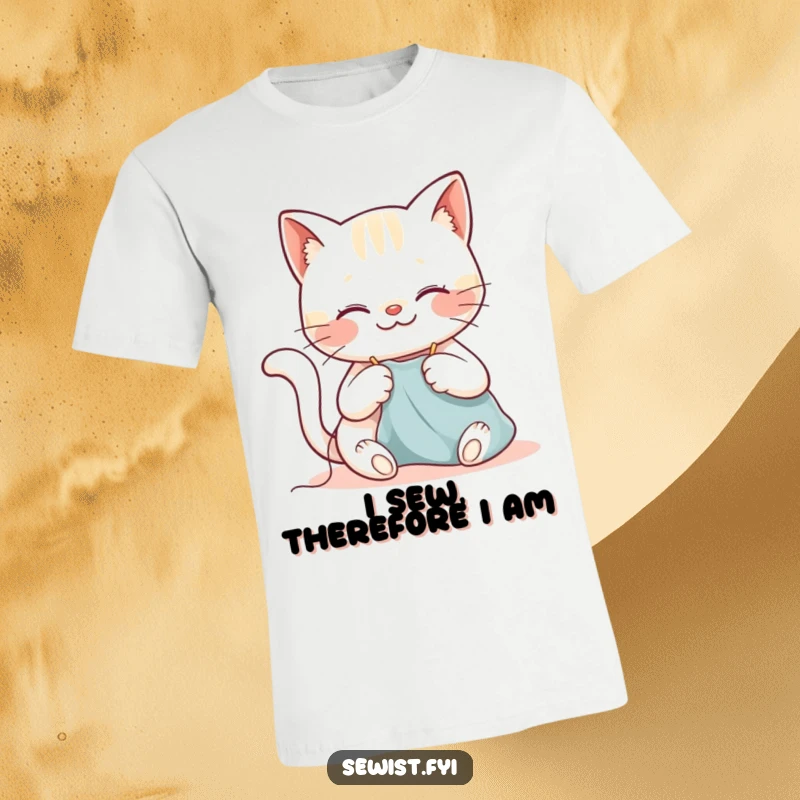 Funny cat t-shirt showing a happy cat smiling while it carefully guides a needle through fabric.