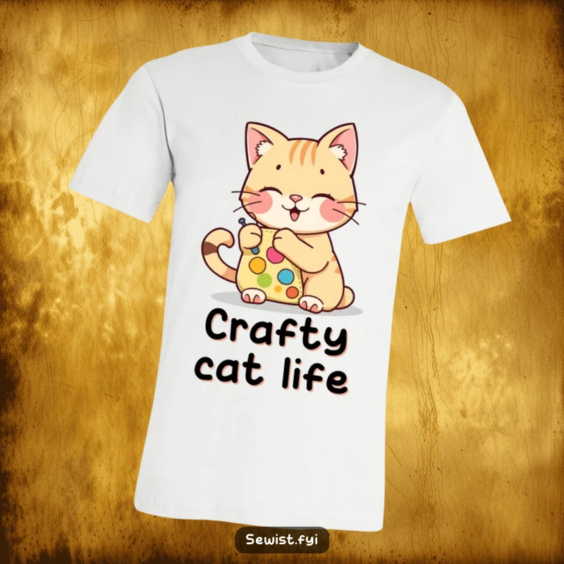 Funny cheerful cat character stitching a colorful patch onto fabric, printed on a t-shirt, a funny gift.
