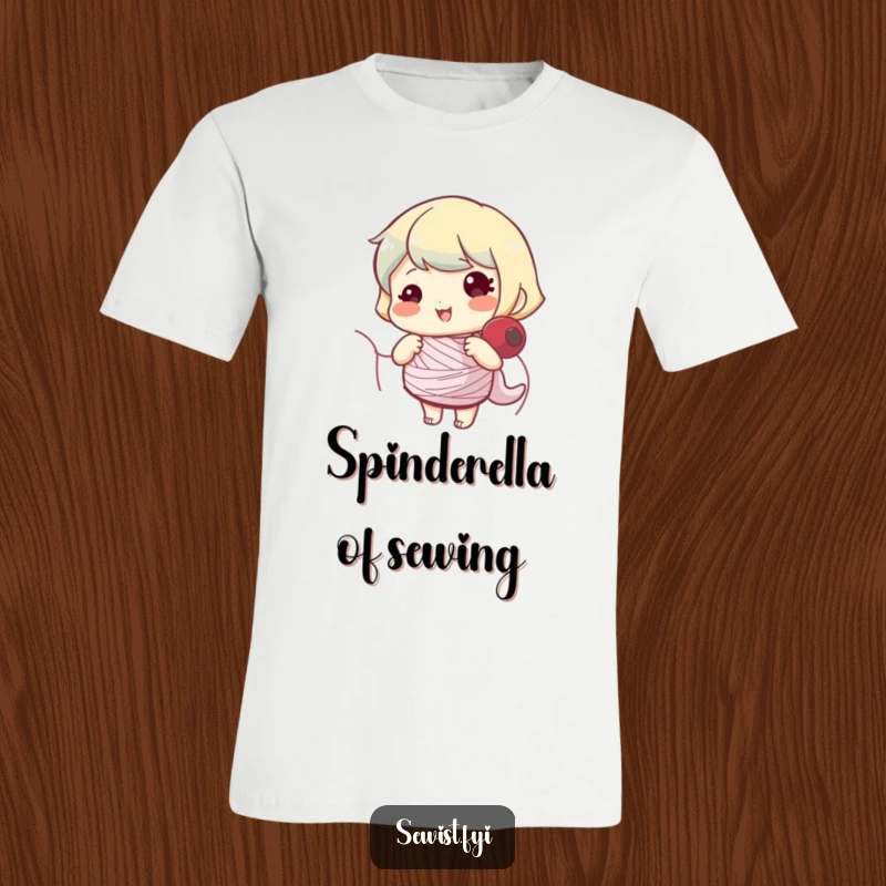 Funny t-shirt featuring an animated character cheerfully winding a sewing bobbin, showcasing a passion for creation.