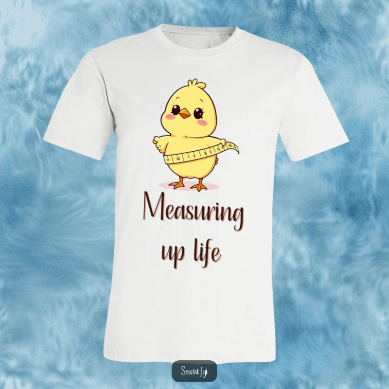 Funny chick's humorous attempt at precise fabric measurement, showcasing a love for sewing and crafts with a cheerful tape measure.