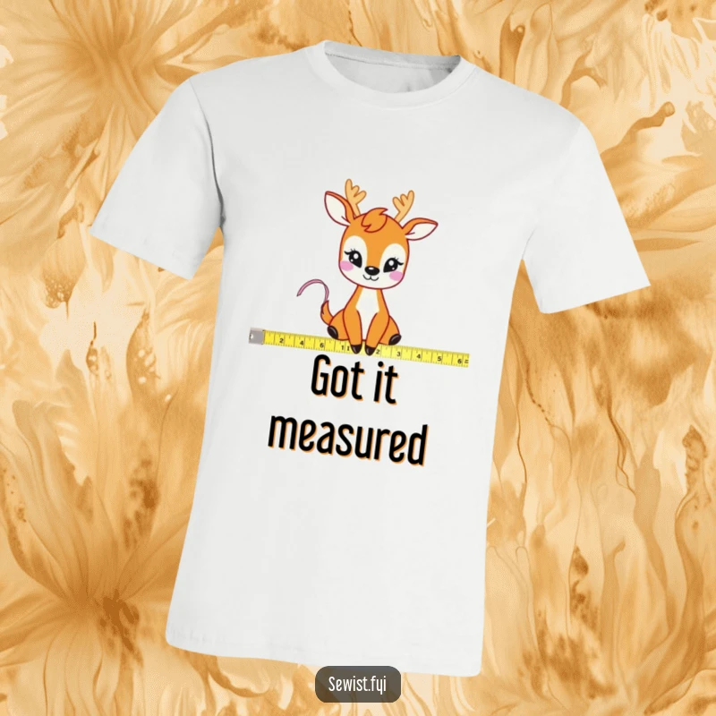 Funny Deer Measuring Tape T-Shirt: A graphic tee featuring a happy deer using a flexible tape measure to gauge fabric, perfect for crafters.