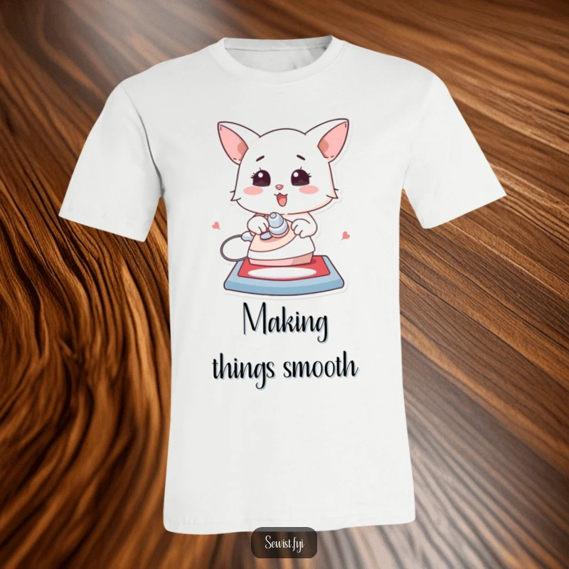 Funny t-shirt with a character joyfully ironing a flat creation, expressing passion for smooth, crisp results.