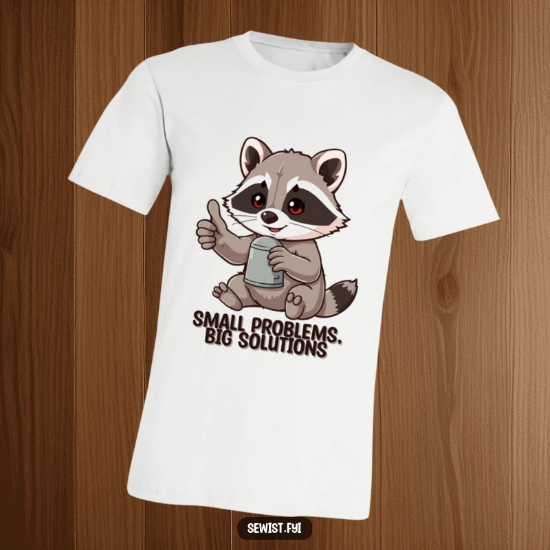 Funny t-shirt with a mischievous raccoon confidently giving a thumbs-up while holding a thimble, ideal for humor enthusiasts.